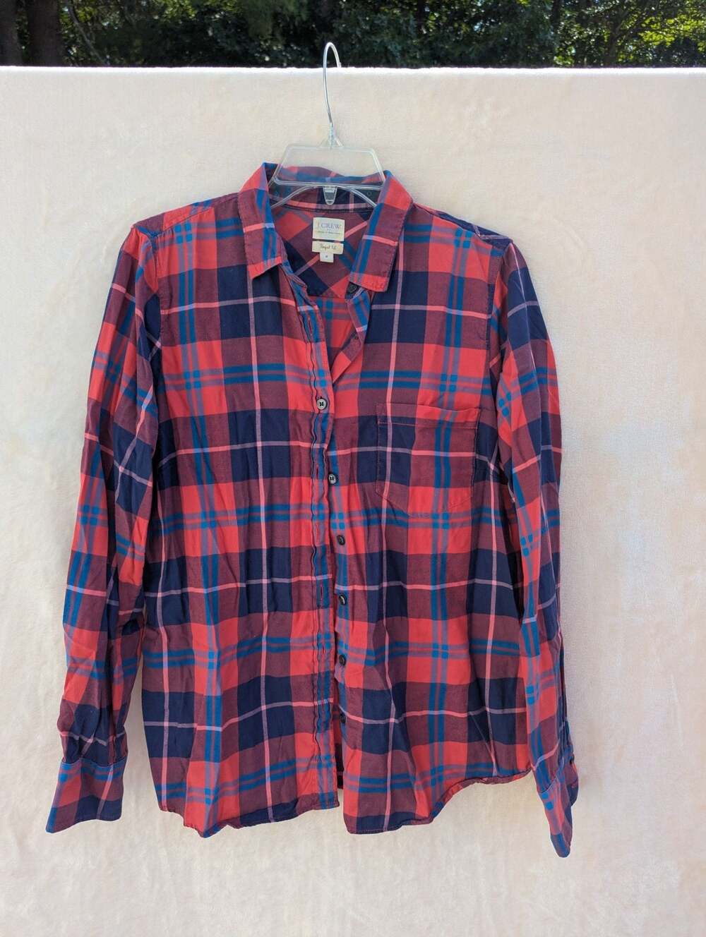 J.Crew Womens Top Small L/S Red Blue Plaid Perfect Fit Collared Button Down